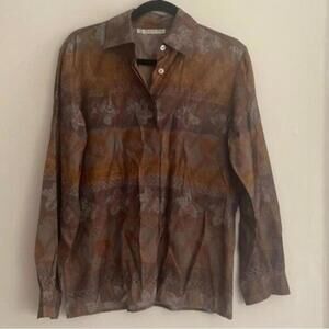 Made in Italy Vintage Brown Leaf Boho Long Sleeve Button Down Blouse Shirt